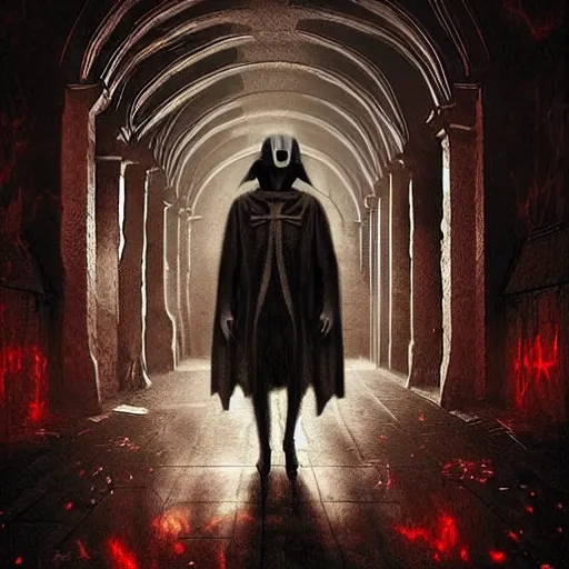 Prompt: an unholy plague doctor in a scary insane asylum, red lighting, x-ray, far away shot, stage design, Symmetrical composition, occult, evil, creepy, ominous, matte painting, cinematic, gustave dore and Johan Grenier art style, super detailed, evil colors with a trippy contrast, glitch art boarders
