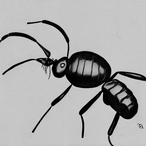 Image similar to ant, black and white, botanical illustration, black ink on white paper, bold lines