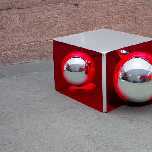Prompt: chrome spheres on a red cube by philip castle