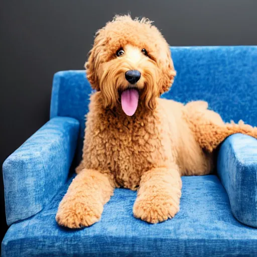Prompt: studio photograph of a Goldendoodle dog with curly fur, sitting on a white sofa in a room with bright blue walls, f1.8 aperture, 4K HDR award winning photo