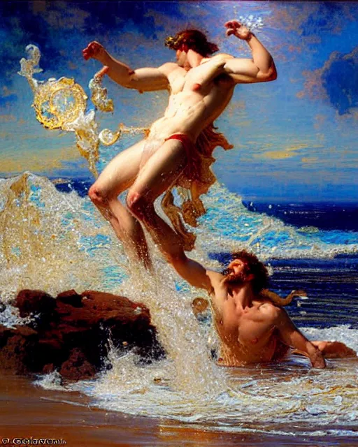 Image similar to attractive god neptune splashing water on handsome god poseidon during low tide at the beach, painting by gaston bussiere, craig mullins, j. c. leyendecker,