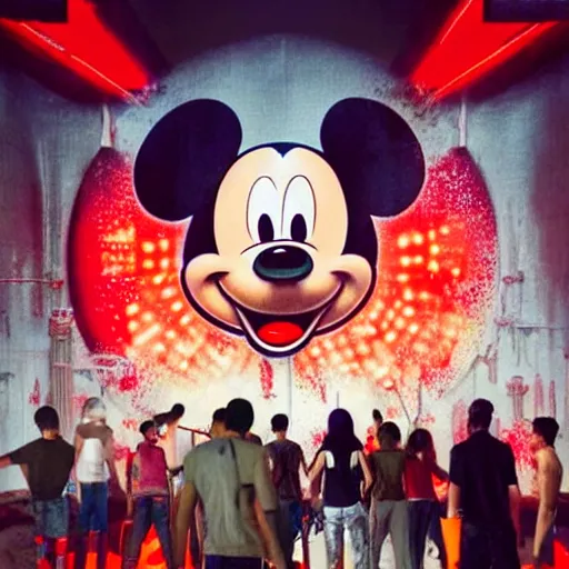 Image similar to a group of people around a giant giant mickey mouse head with blood, netflix logo, cyberpunk art by david lachapelle, cgsociety, dystopian art by industrial light and magic, concept art, neons, interior