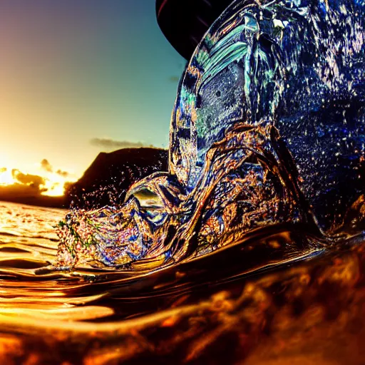 Image similar to 4 k somy a 7 wide angle photo boombox speaker half submerged in water with a wave rolling over it in hawaii at dusk with neon lighting