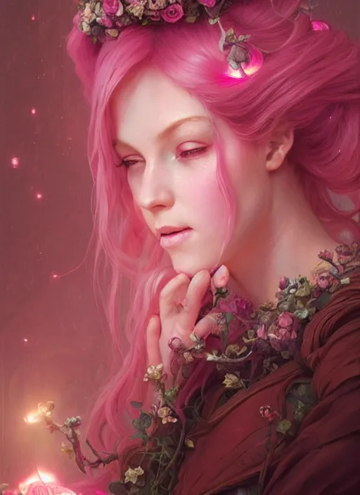 Image similar to pink hair goddess, fantasy, glowing lights!! intricate, soft rose and dried petals, d & d, fantasy, intricate, elegant, highly detailed, digital painting, artstation, concept art, matte, sharp focus, illustration, hearthstone, art by artgerm and greg rutkowski and alphonse mucha