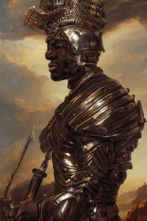 Prompt: a powerful and muscular make african warrior , half body portrait, ornate armour, realistic oil painting by Thomas Cole and Wayne Barlowe