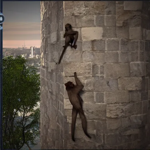 Prompt: 3 d rendering of a monkey climbing on galata tower, in the style of untitledarmy, sharp focus, subsurface scattering