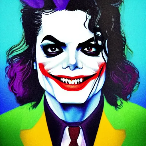 Prompt: michael jackson as the joker laugh on camera. symmetrical anatomy, hyperdetailed, coloured comic, baroque, pop art style, fantasy, without duplication, art by ilya kuvshinov and andy warhol and vinicius gud and gustavo zambelli, intricate, trending artstation, dribble popular.