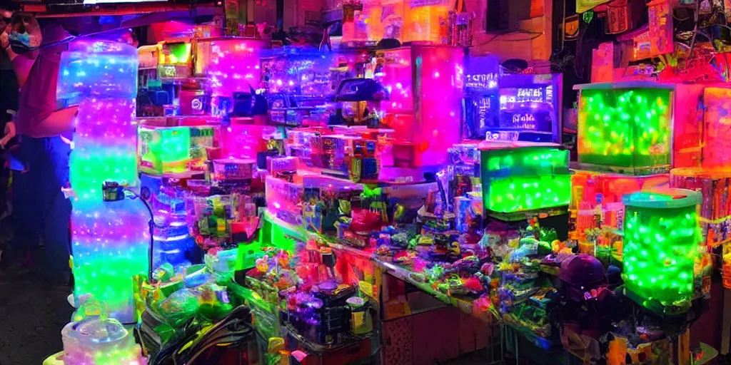 Image similar to edible rgb lights being sold at a road side stand, cyberpunk, high quality, ue 5.