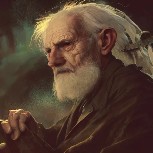 Image similar to distant shot from above painting of an old man in sorrow, staring at the underworld, ultra realistic, concept art, intricate details, eerie, highly detailed, photorealistic, octane render, 8 k, unreal engine. art by artgerm and greg rutkowski and alphonse mucha