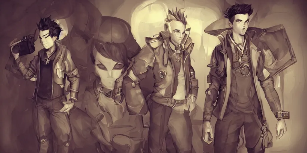 Prompt: concept art of single boy, game characters full body designs, unique heads, casual steampunk streetwear, by marc brunet and artgerm, color comics style, clean line