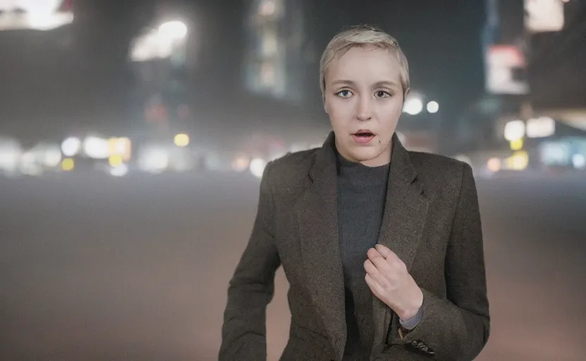 Image similar to a wide shot of a woman with a wool suit, very short hair, blurred face, wearing an omega speedmaster on her wrist in front of a crowded dystopian city full of people walking at night with fog and cyberpunk lights