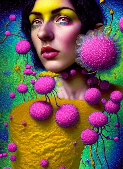 Image similar to hyper detailed 3d render like a Oil painting - Ramona Flowers with black hair in thick mascara seen Eating of the Strangling network of colorful yellowcake and aerochrome and milky Fruit and Her delicate Hands hold of gossamer polyp blossoms bring iridescent fungal flowers whose spores black the foolish stars by Jacek Yerka, Mariusz Lewandowski, Houdini algorithmic generative render, Abstract brush strokes, Masterpiece, Edward Hopper and James Gilleard, Zdzislaw Beksinski, Mark Ryden, Wolfgang Lettl, Dan Hiller, hints of Yayoi Kasuma, octane render, 8k