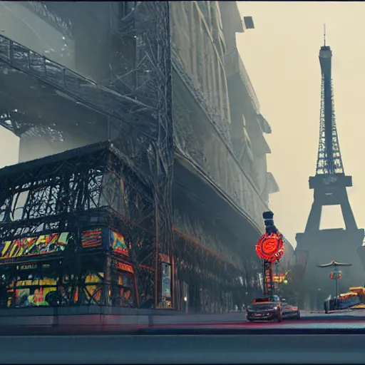 Image similar to A beautiful intricate 8K award-winning ground-level cinematic movie photograph of the future destroyed and decaying Eiffel Tower, surrounded by neon and collapsing corporate video billboard displays. in the year 2050, by Bruno Delbonnel and greg rutkowski. octane render, Arri Alexa 65. Cinematic lighting