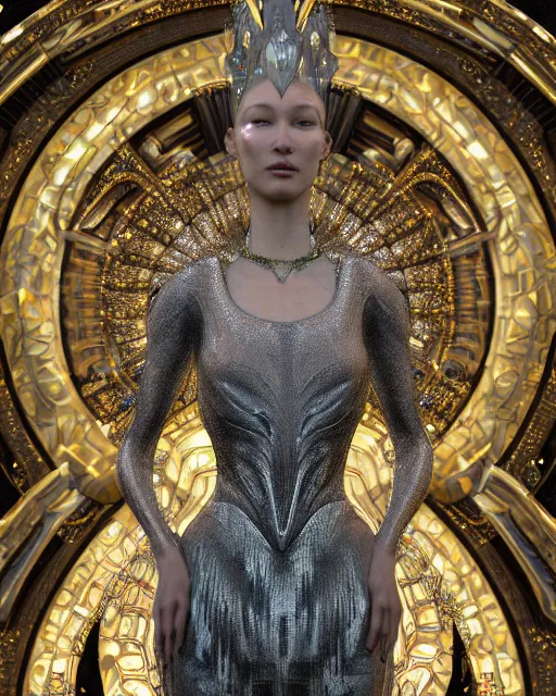 Prompt: a highly detailed metahuman 4 k close up render of a goddess bella hadid monument renaissance in iris van herpen dress schiaparelli in diamonds crystals swarovski and jewelry iridescent in style of alphonse mucha gustav klimt trending on artstation made in unreal engine 4