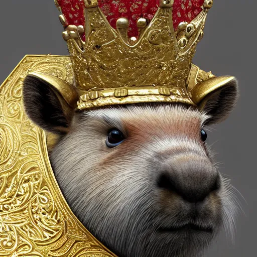 Prompt: highly detailed photorealistic painting of a capybara :: wearing a ultra detailed ornamented gold crown with diamonds, in a highly detailed medieval knight armor with red cape, standing in front of a photorealistic detailed castle, sharp focus in the style of ruan jia, Mandy jurgens, cinematic light, concept art, trending on artstation, ultra realistic, 8k octane render, unreal engine