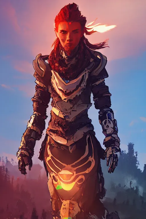 Image similar to combination suit armor aloy horizon forbidden west horizon zero dawn radiating a glowing aura global illumination ray tracing hdr fanart arstation by ian pesty and alena aenami artworks in 4 k tribal robot ninja mask helmet backpack