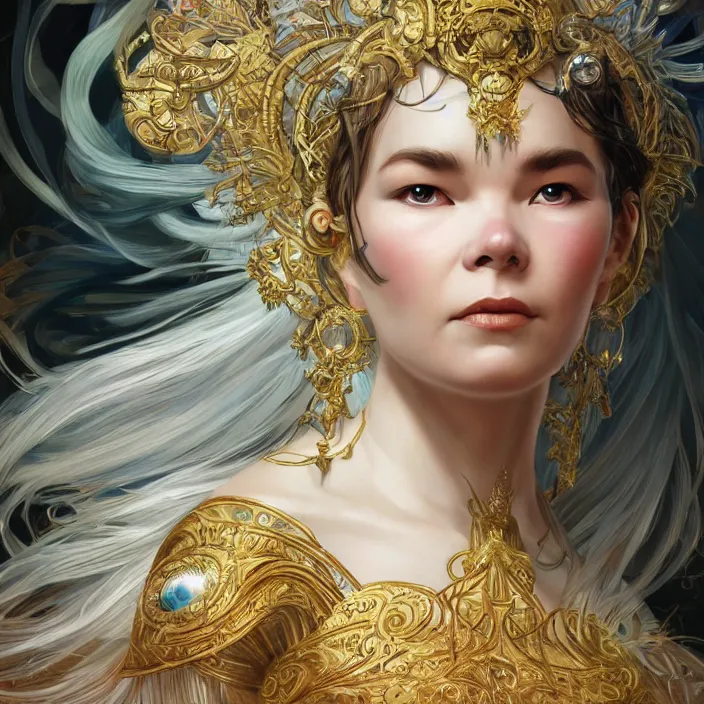 Image similar to goddess bjork, intricate, highly detailed, digital painting, trending on artstation, concept art, smooth, sharp focus, illustration, unreal engine 5, 8 k, art by artgerm and greg rutkowski and alphonse mucha