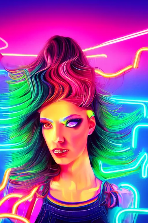 Image similar to a award winning half body portrait of a beautiful woman with stunning eyes in a croptop and cargo pants with rainbow colored ombre hairstyle head in motion and hair flying by thomas danthony, surrounded by whirling illuminated neon lines, outrun, vaporware, shaded flat illustration, digital art, trending on artstation, highly detailed, fine detail, intricate