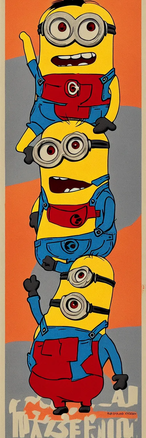 Image similar to Minion on old Soviet poster, high quality, warm colours, red colours