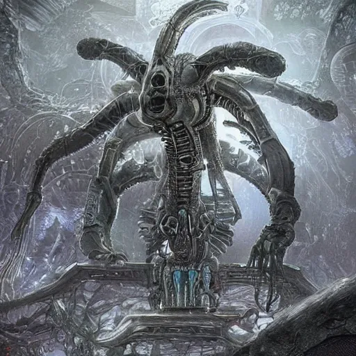 Image similar to phyrexian dreadnought borg queen xenomorph hybrid with protomolecule vesicles being possessed by the machine spirit rikolo and doctor seuss with joan semmel and hr giger pastel high contrast cinematic light, mystical shadows, sharp focus, divine realm of gods, octane render