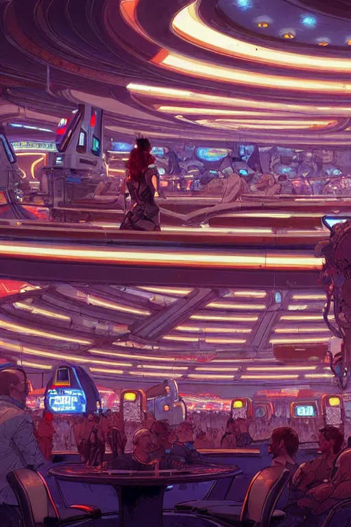 Image similar to the interior of a futuristic casino, large crowd of people, by kim jung gi and greg rutkowski, rule of thirds