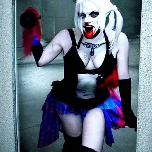 Prompt: Brittany Murphy as Harley Quinn, dark eerie pic, photo taken by ghost adventures