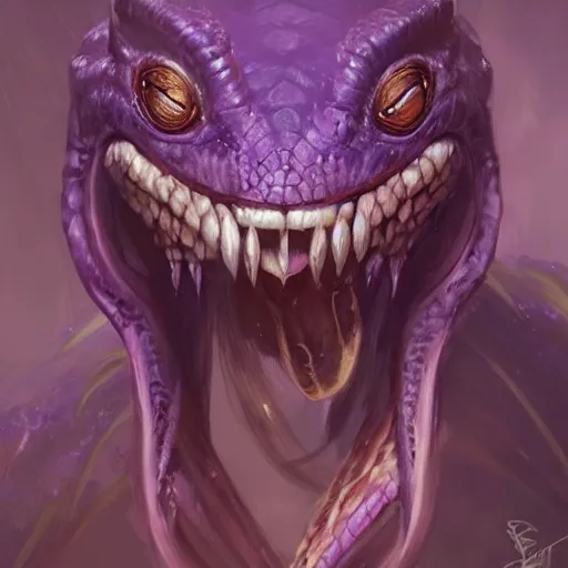 Image similar to a portrait of a violet snake-head, snake head, two fangs, violet theme, epic fantasy digital art, fantasy style art, by Greg Rutkowski, fantasy hearthstone card art style