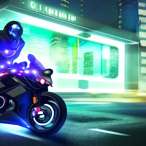 Image similar to a cyber man driving a futuristic neon motorcycle fast on a urban road in the nighttime, digital art, realistic, detailed, mysterious, dramatic, cinematic