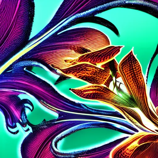 Image similar to a cybertronic, metallic, glowing tiger lily flower, high detail