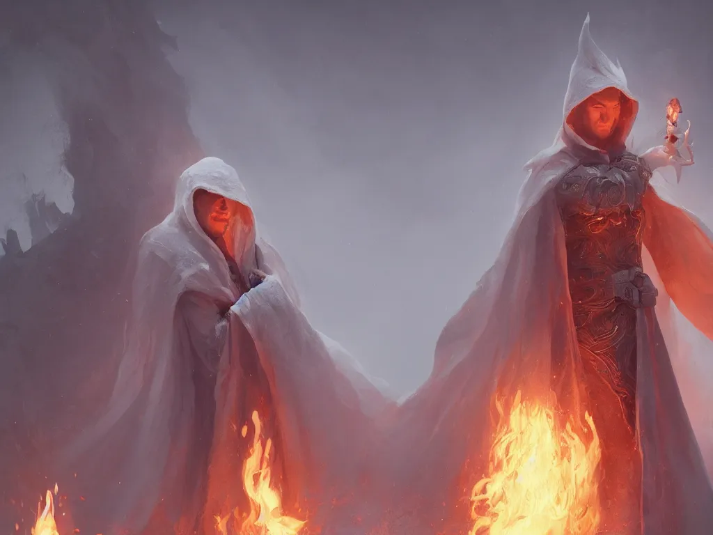 Prompt: a man in white cloak flies from flame , symmetry, intricate, highly detailed, artstation trending, ray tracing, cinematic, art by andrey surnov, concept art,