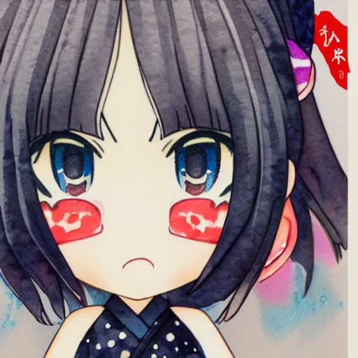 Image similar to beautiful water color concept art of face detailing cute nendoroid girl in the style of ukiyoe , toon rendering, close-up, no shade, modern art