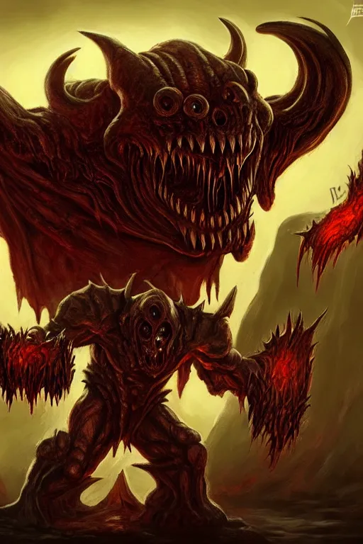 Image similar to creature design, doom eternal, concept art, monster, demon