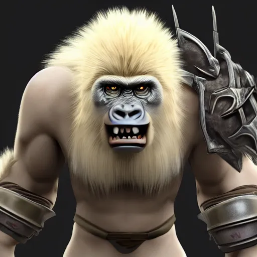 Image similar to angry tough rough looking albino gorilla. scars, battle damage, scratched armor, interesting 3 d character concept by square enix, in the style of league of legends, hyper detailed, character modeling, cinematic, final fantasy, video game character concept, ray tracing, fur details, maya, c 4 d