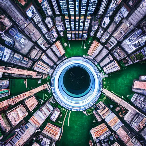 Image similar to professional photo from bird view of portal to another dimension inside a city, ultra detailed, realistic, 4 k, computer art, dslr photo