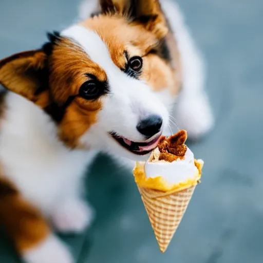 Prompt: a cute corgi puppy eating icecream, Sigma 85mm f/1.4