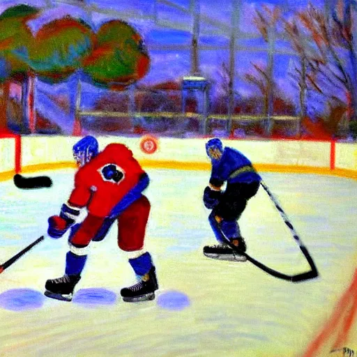 Prompt: a hockey game, impressionist style, trending on artstation, style of Monet, Matisse,