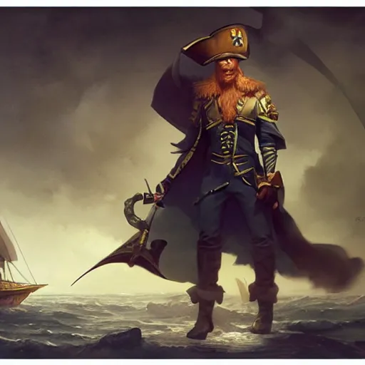 Image similar to handsome charming ginger rogue with large pointed ears, wearing a tricorne pirate captain hat, naval background, portrait, stunning award-winning art by Greg Rutkowski