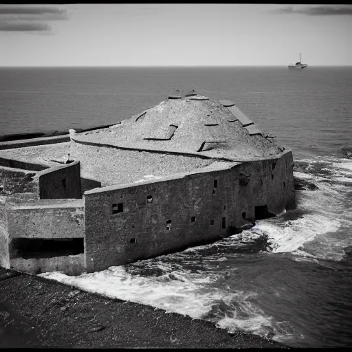 Prompt: a defensive military fortification sinking in the Atlantic coast , wide shot , 35 mm