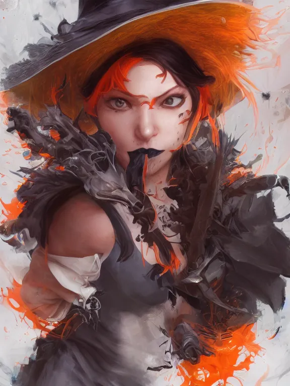 Image similar to Full shot of a mischievous young witch about to get up to some trouble. Latin American fashion. Black and Orange palette. Latina girl. brown skin. Symmetrical facial features. By Ruan Jia and Artgerm and Range Murata and WLOP and Ross Tran. Key Art. Fantasy Illustration. award winning, Artstation, intricate details, realistic, Hyperdetailed, 8k resolution.