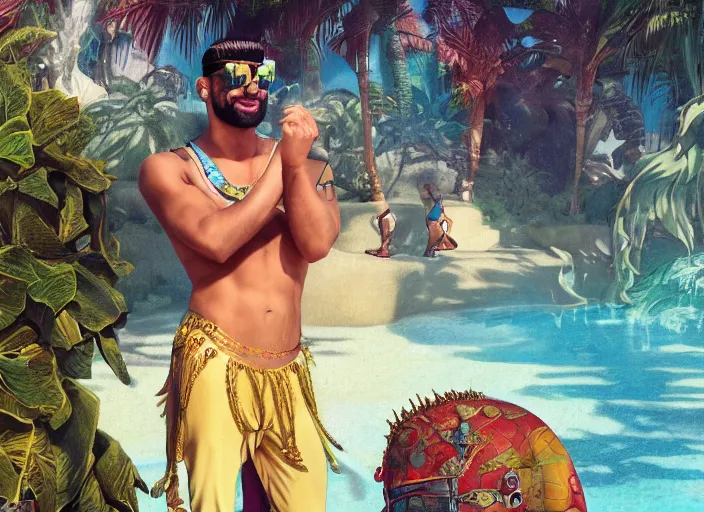 Prompt: muscular Atlantean king Zayn Malik grinning and wearing cholo sunglasses and a gold prince crown swimming in the pool, palm trees, steelpunk, ghibli studio, nekro, Tom Bagshaw, Craig Mullins, octane 8k, by brian froud, Trending on ArtStation