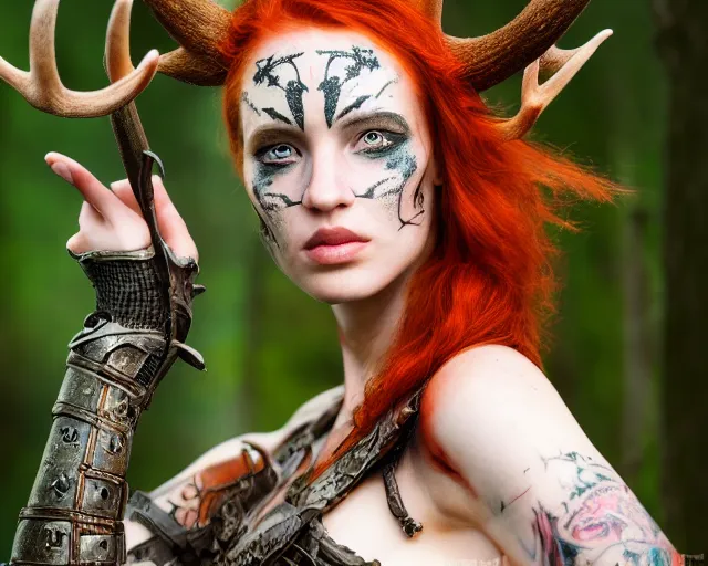 Prompt: 5 5 mm portrait photo of an armored gorgeous anesthetic redhead woman warrior with a face tattoo and antlers growing from her head, in a magical forest in the style of stefan kostic, art by luis royo. highly detailed 8 k. intricate. lifelike. soft light. nikon d 8 5 0. cinematic post - processing