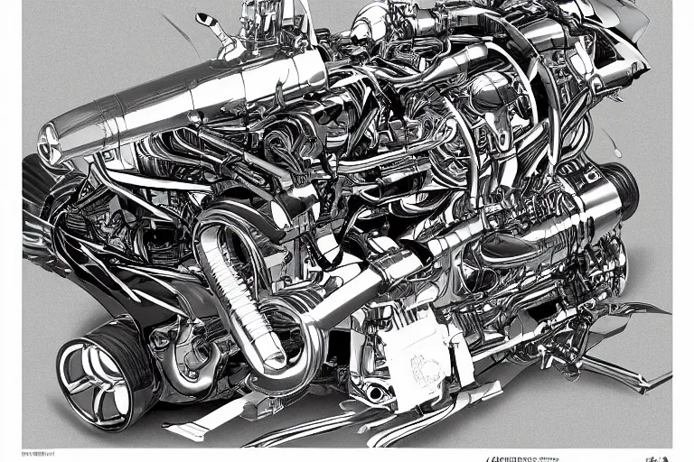 Image similar to f1 engine cutaway illustration by jean giraud moebius engineering black and white chrome