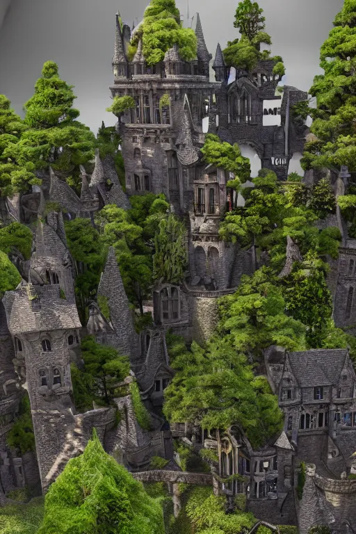 Prompt: matte painting art of witch academy castle with many bonsai trees on the right with small waterfall, highly detailed garden in the middle, many stone statues, gothic building style, highly detailed, 4k, 8k resolution, trending on artstation, octane render, unreal engine, cinematic