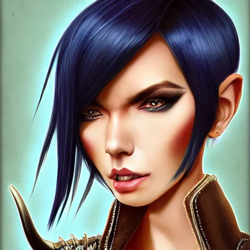 Image similar to illustrated realistic portrait of prong-horned devil woman with blue bob hairstyle and her tan colored skin and with solid black eyes wearing leather by rossdraws