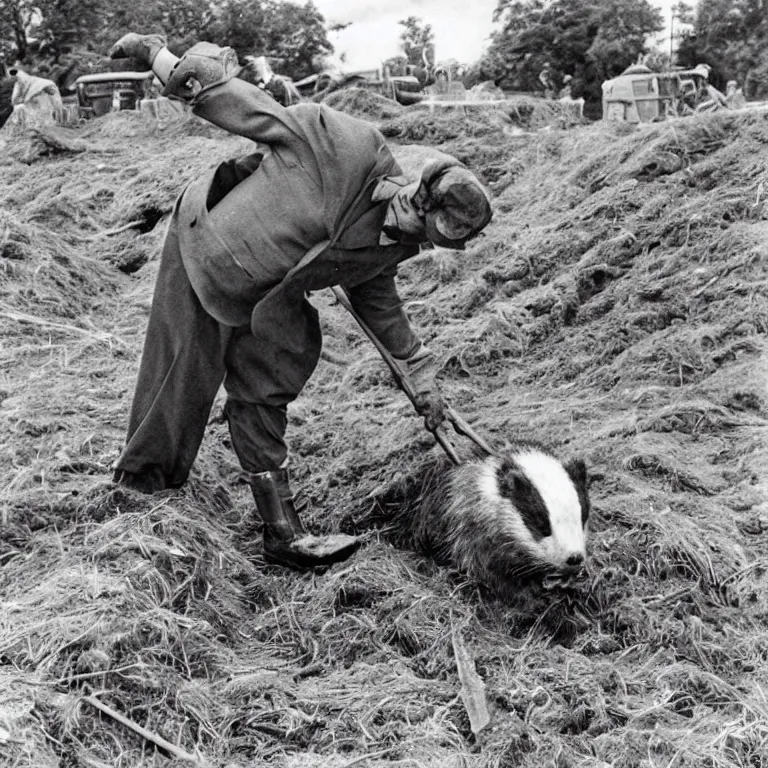 Prompt: badger from wind in the willows, in 1940s suit digging at the sutton hoo ship burial, rendered as a black & white photo