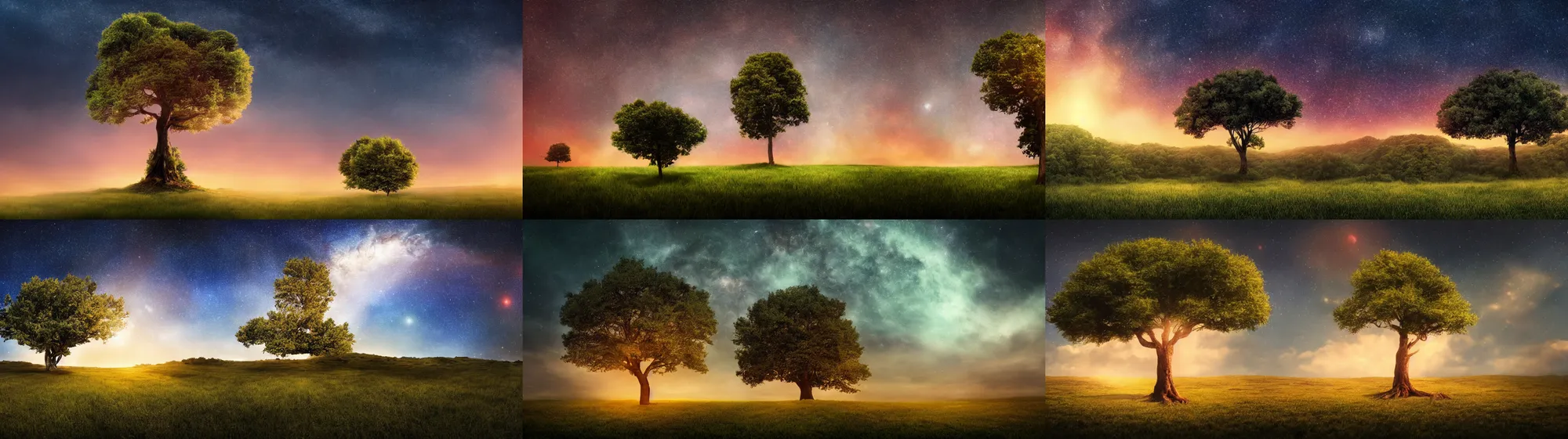 Prompt: Big realistic tree, landscape, universe in the sky, photo, cinematic lighting, 4k, wide angle, warm tones