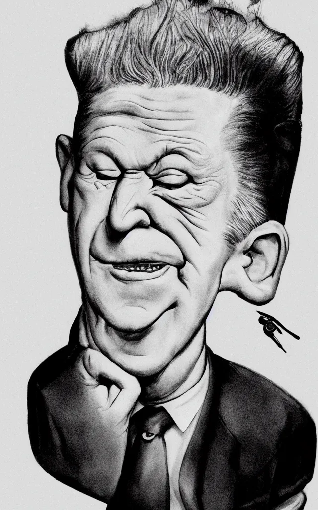 Image similar to caricature of david lynch, great hair, dramatic lighting, head and shoulders