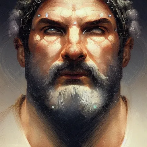 Image similar to ''face portrait of zeus with lighting eyes, greek mythology, greece, fantasy, dungeons and dragons, d & d, digital painting, artstation, concept art, sharp focus, illustration, art by greg rutkowski and alphonse mucha''