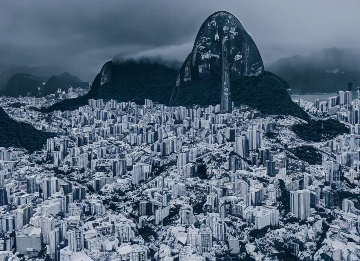 Prompt: rio de janeiro pao de acucar's view, city snowing with a lot of snow, medium shot, photography award photo, 4 k