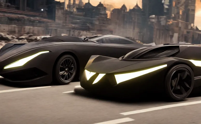 Image similar to A film still of the 2025 Batmobile, 8k